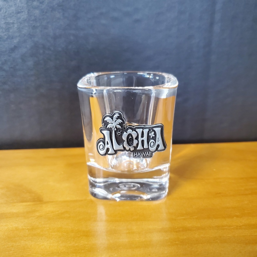ALOHA Hawaii Souvenir Shot Clear Glass, Heavy‎ Thick, Pewter Applied Design